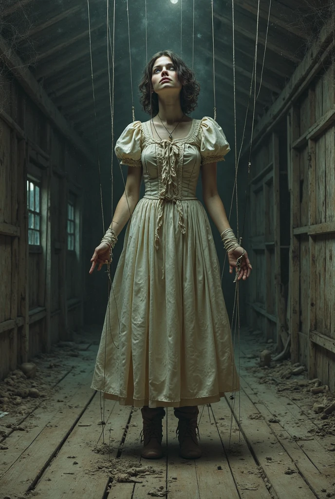 a young woman, marionette, standing in an old abandoned wooden barn, moonlight shining through the dusty windows, cobwebs in the corners, wearing a tattered Victorian-style dress, strings attached to her limbs, haunting and melancholic expression, highly detailed, photorealistic, cinematic lighting, dramatic shadows, muted color palette, oil painting, intricate details, masterpiece