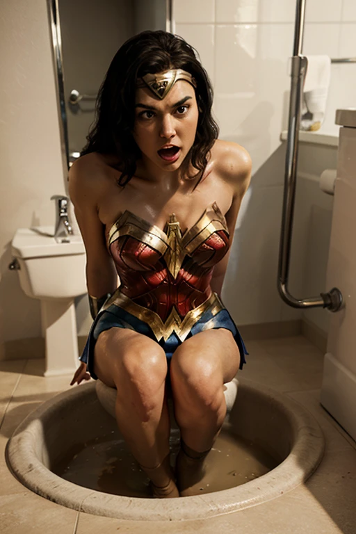 Wonder Woman struggling and chained inside a small glass box, handcuff:1.2, tied, bound, (Restrained), wet body, (inside a small glass box), completely naked, with headband