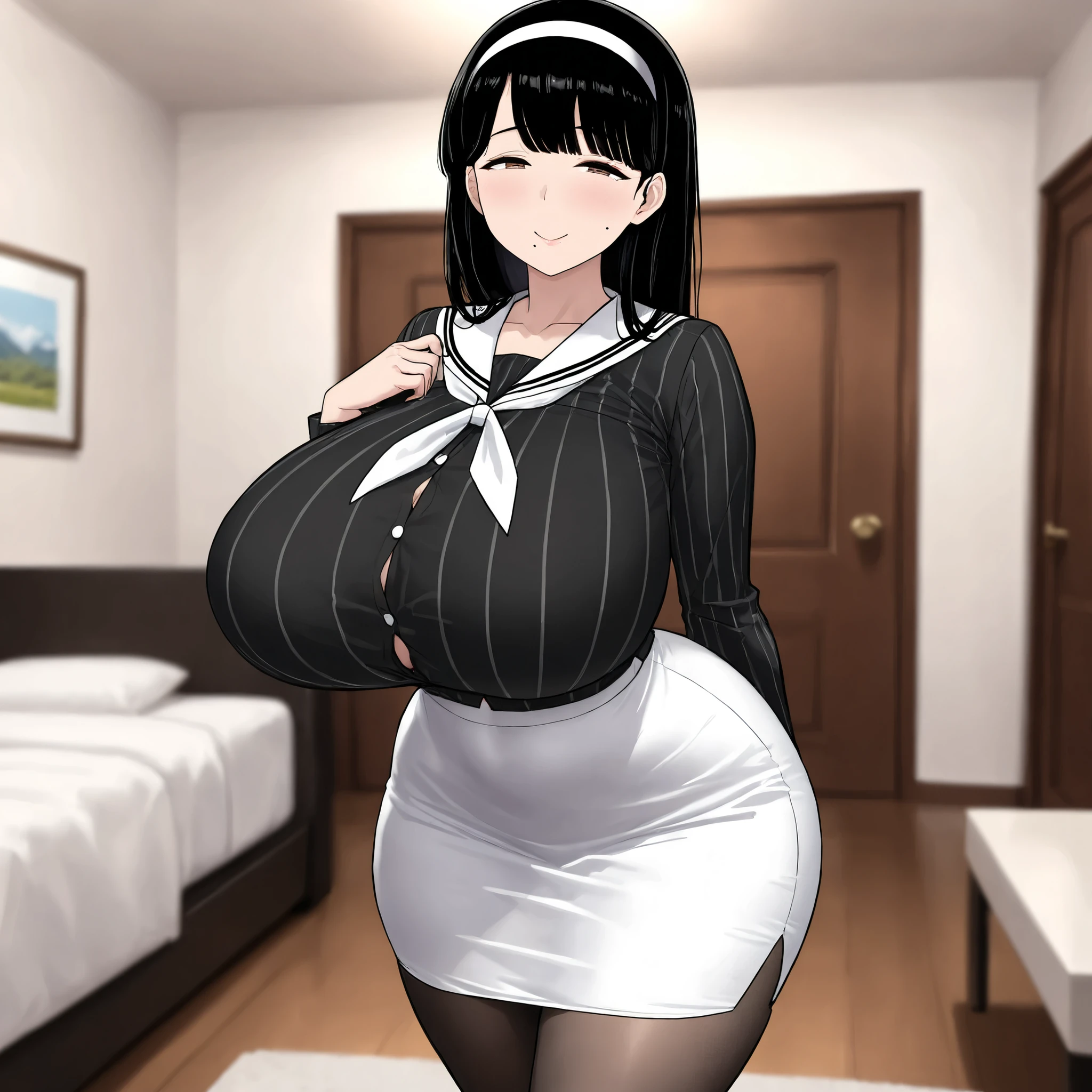 professional artwork, Intricate Details, field of view, sharp focus, detailed painting, photorealistic lighting, trending on pixiv,(masterpiece:1.0),(best_quality:1.0), ultra high res, ultra-detailed, photography, 8K, HDR, highres, absurdres:1.2, Kodak portra 400, film grain, sharp focus, bokeh:1.2, lens flare, (vibrant_color:1.2), (((indoors, dark night district))), Annerose, 1girl, female mature, ((long hair, black hair:1.4)), (yellow eyes), large breasts, ((white nurse outfit:1.4)), soft skin, hair intakes, (solo:1.4), (upper body, half body shot, covered breasts, side boobs), seductive, shiny clothes, (giant breasts:1.6), (giant hips:1.6), multiple breasts