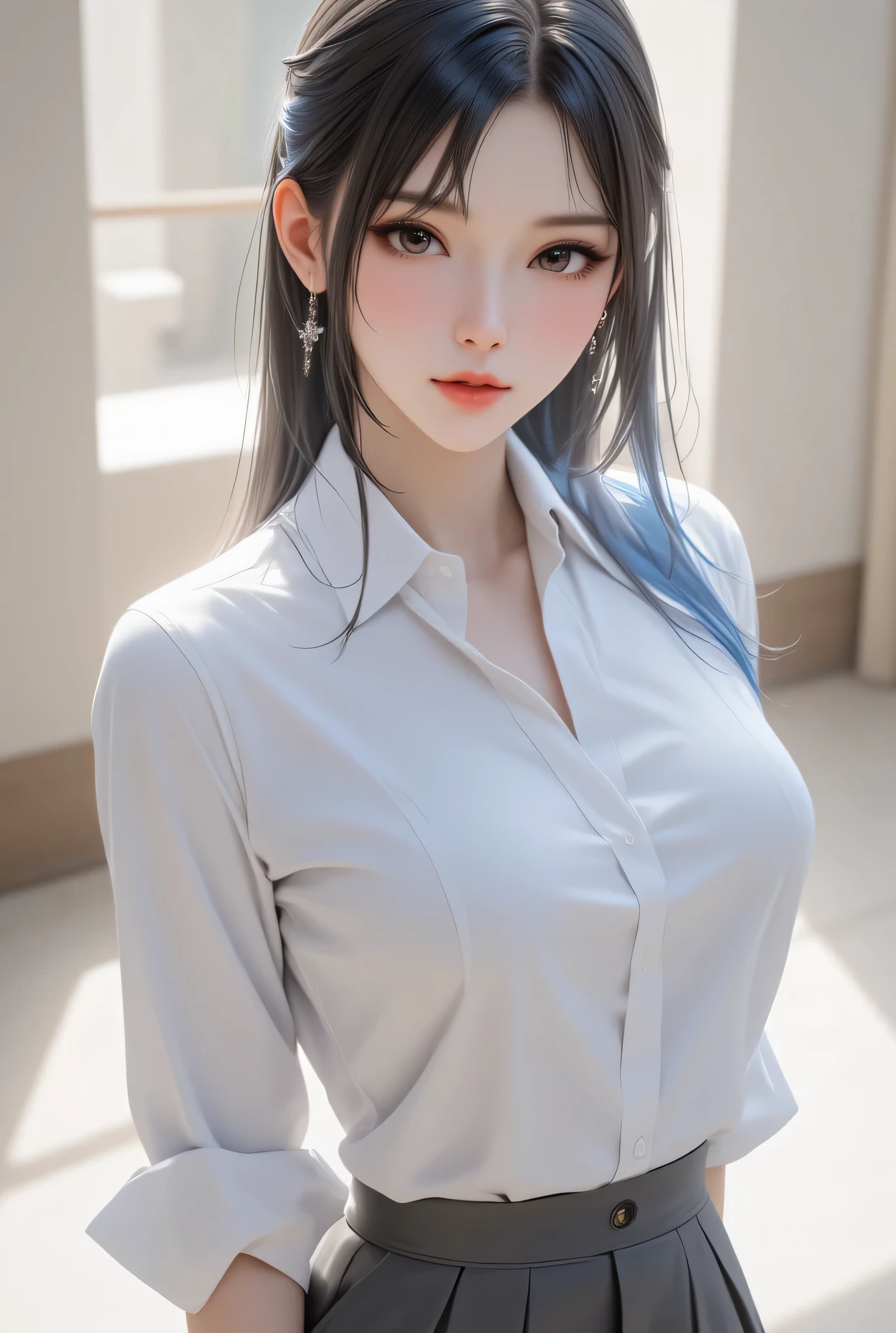 highest quality, masterpiece, Highly detailed, masterpiece , shiny skin , 1girl,Chinese student uniform,  white Shirt, mid-length grey skirt,beautiful eyes, black long hair, Blue highlighted hair, bangs, white headband , perfect face and skin body, perfect hand and leg, full body , realistic, 2.5D, มือวางตรงก้น , ภาพมุมสูง , ด้านข้าง , โพสเซ็กซี่