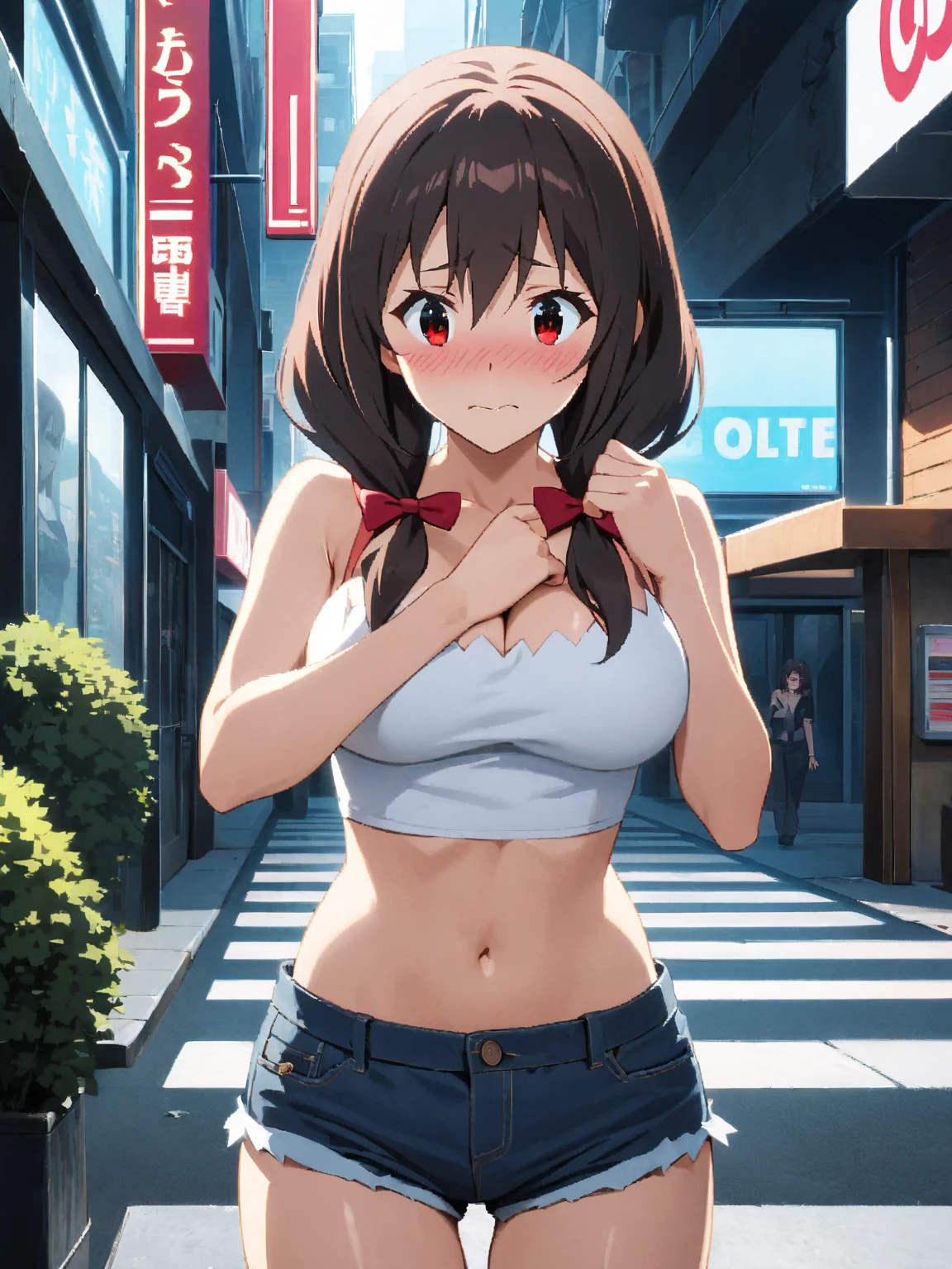 ,(8k, Highest quality, masterpiece: 1.2), (tomgirl: 1.37), (beautiful face),Very detailed face, One Girl,(midnight,flashing,embarrassed:1.5,shyness:1.3,Humiliation: 1.2), Beautiful attention to detail, Floating messy short Hair, (shirtlift:1.3), stockings, (whole body:1.2),(Night famous street,mob people,crowded,(flat chest:1.2)),background blur,fake smile,(at alley:1.3),cute,tears,Pleated Microminiskirt,(sports white bra:1.5),show teeth