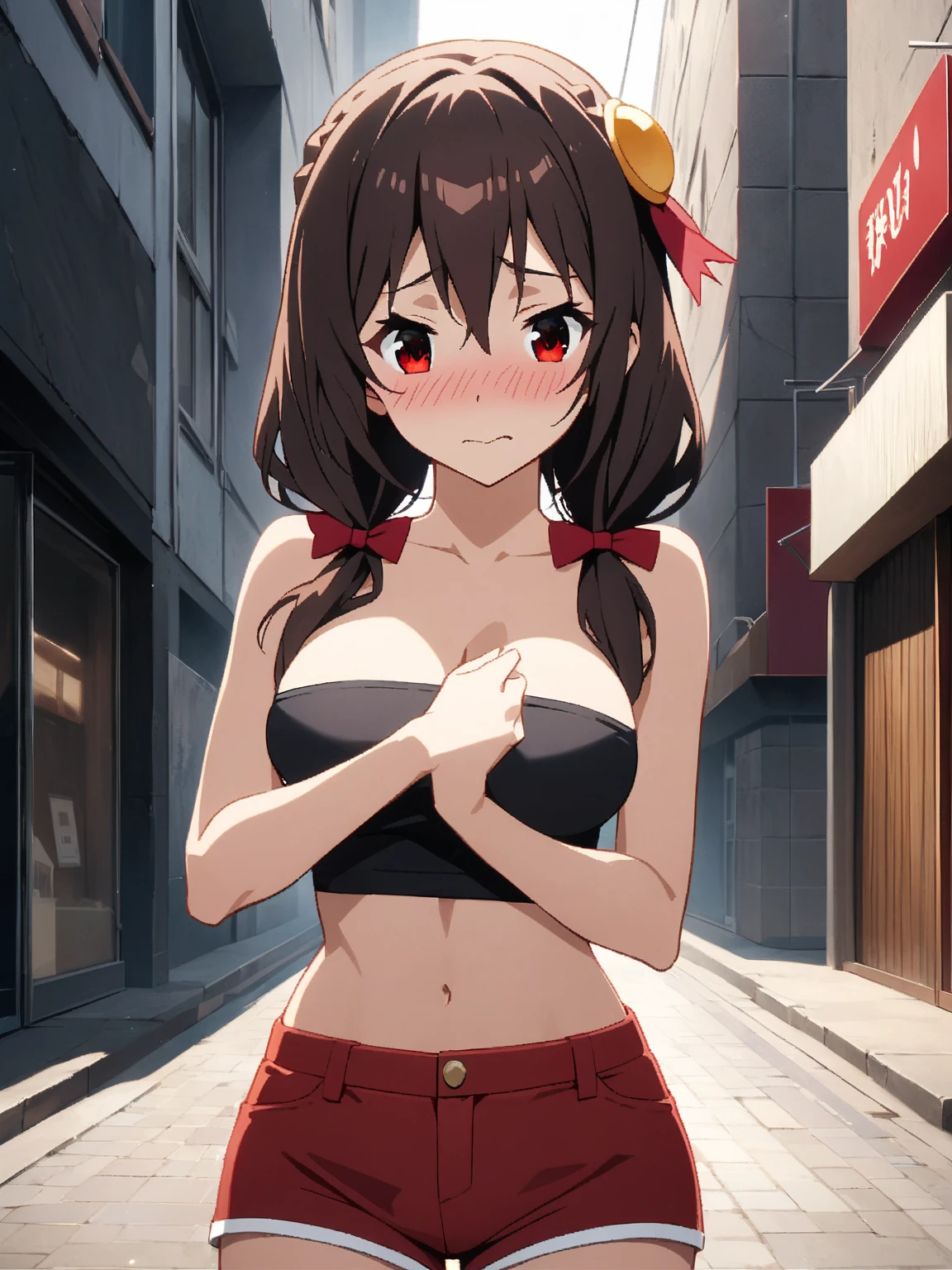 horikoshi kouhei, 1girl, :d, nonsense, arms behind back, bangs, blush, boku no hero academia, breasts, brown eyes, brown hair, fengling (furin-jp), highres, looking at the viewer, medium breasts, open mouth, pantyhose, bikini, short hair, sidelocks, smile, solo, standing, Uraraka ochako, red of shame, in public, small red bikini, micro bikini, walking in public, surrounded by people, micro-bikini, (grabbing breasts:1.5),(( bikini falling)), paying tits, wardrobe malfunction, ((bikini untying)), not noticing the bikini untie,