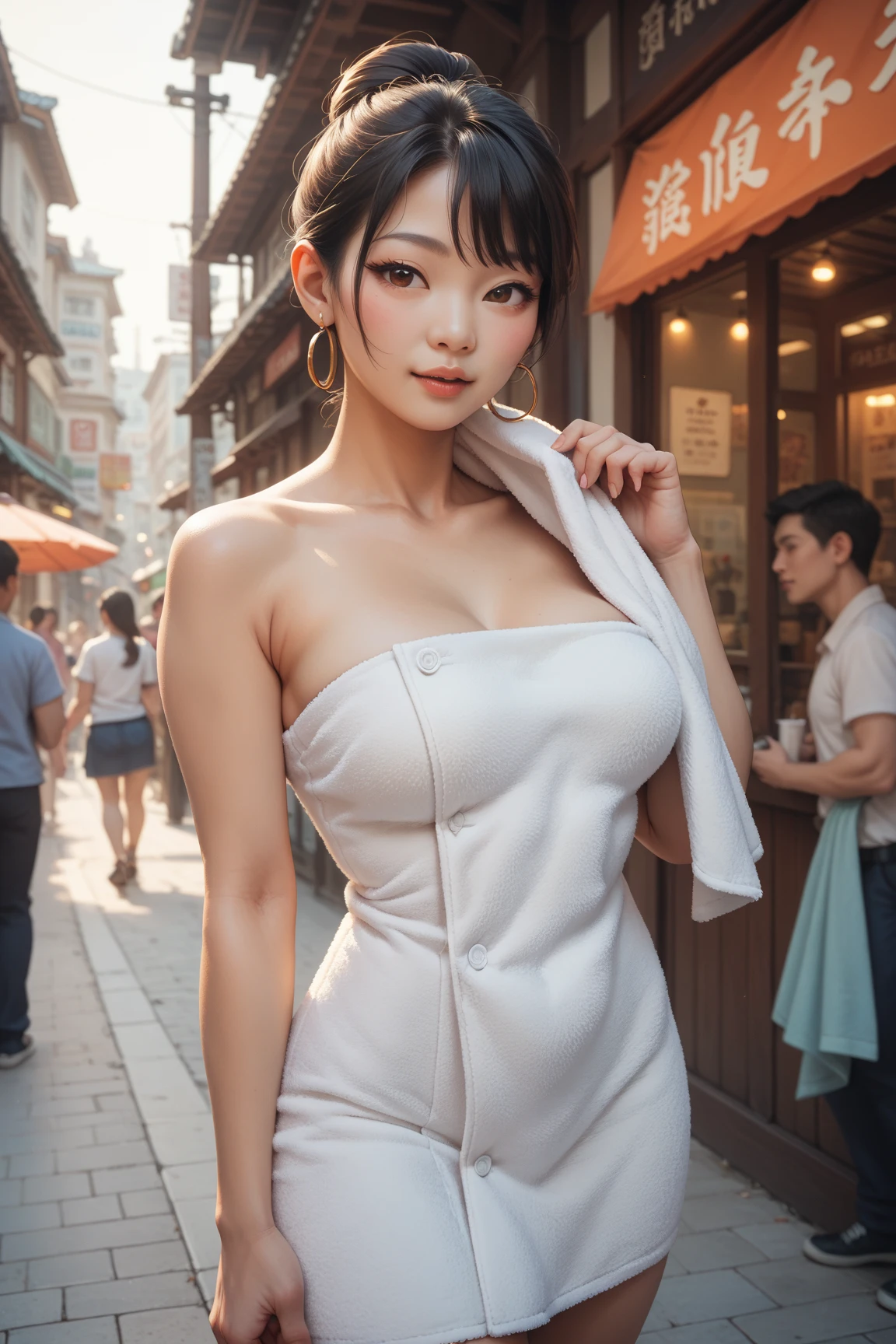 top-quality、masterpiece、超A high resolution、(Photorealsitic:1.4)、Raw photo、女の子1人、Brown hair with bangs、drooing eyes、thin-waist、Colossal tits、maid clothes、Background in the city、slim figure、Light smile with visible teeth