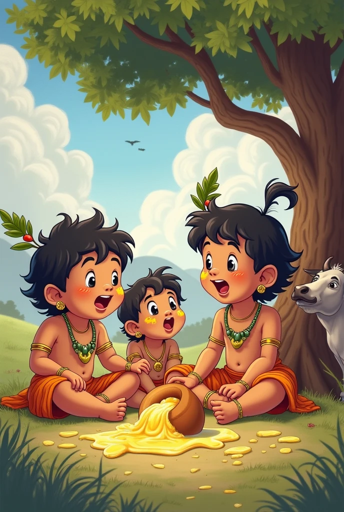 **Krishna and Friends Playing in Gokul**: Illustrate a lively scene with Krishna and his friends playing together in the lush, green fields of Gokul. They are laughing and enjoying their time in a picturesque village setting with traditional houses in the background.