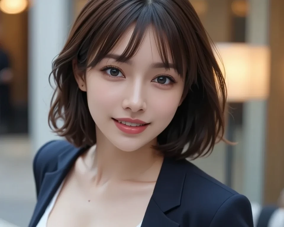 ((highest quality、Masterpiece、High resolution))、(((Zoom photo of upper body)))、(A shy smile:1.2)、One 15-year-old female、Beautiful Skin、Beautiful Eyes、Large Breasts、blazer、shirt、Black Hair、Trimmed bangs、Short Bob