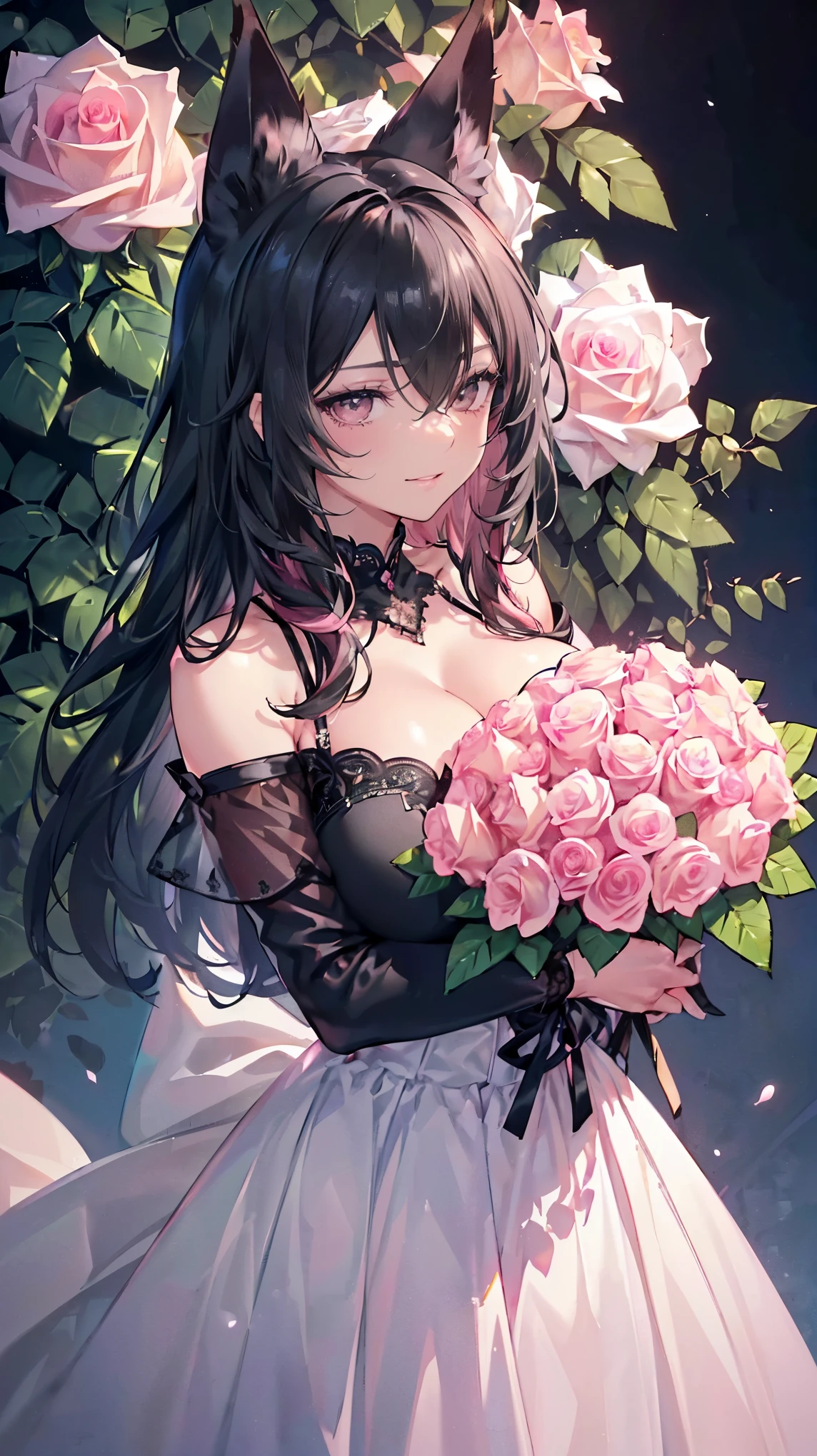 highest quality, masterpiece, long eyelashes, Sparkling輝く目, mini skirt, Sparkling, big breasts, show off your breasts, You can see the cleavage of your, tulip bouquet, tulip field,