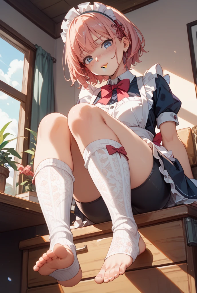 Masterpiece to detail, top quality, 1 petite girl, bangs, genius child actor, red hair, close-up, closed_mouth, baby face, smile, blush, shy, blue hat, hat, bow, pink bow tie, school uniform, blue jacket, jacket, skirt, gray skirt, 1 small 15 year old girl, solo, shirt, white shirt, legs, black socks, sitting, classroom, hair_ ornament, looking_at_viewer, beautiful detailed eyes, red eyes, devilish smile with mouth open and tongue sticking out, panties, skirt lifting, secret lesson, delicate color, low saturation, best shot of one scene from the movie, healthy