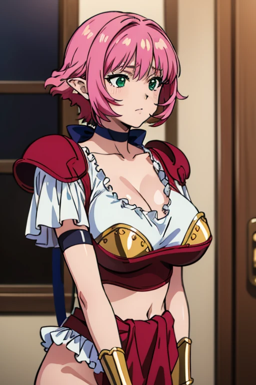 1990s anime style, masterpiece, best quality, highres, 1girl, (huge breasts:1.4), green eyes, calarsr, pauldrons, choker, crop top, cleavage, bracelet, armlet, pelvic curtain, anklet, shoulder armor, ribbon, collar (READ NOTES), cowboy shot, smile, ;D