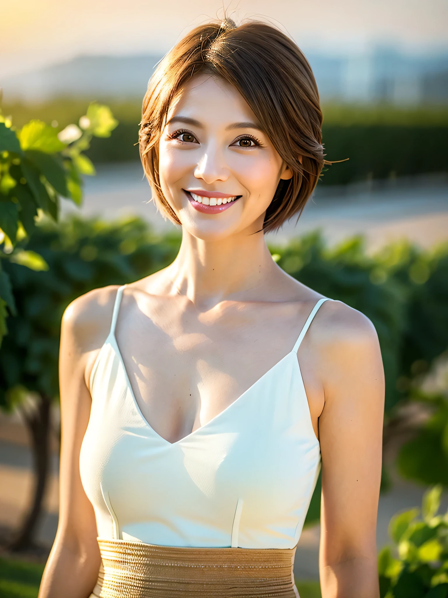 （38 years old), （white tank top:1.2）,（white wool pants）、 double eyelid, eyelash, Red lip gloss, (smile:1), ((close your eyes:0.85)), (looking at the viewer、Are standing), (From above:0.2)、尖ったred mouth、(reddish brown wet shiny short hair),red mouth,clavicle、 (Photoreal:1.3),(Raw photo）,(woman standing in front of an old castle, Beautiful lawn, Squirting, Bright sunlight in the city of Modena, Italy) , 8K, Super detailed, highest quality, beautiful skin, anatomically correct, masterpiece , highest quality, cinematic lighting, Use perspective throughout , surrealism , ,(realistic:1. 3),(Raw photo) , black hair, light smile, short hair, bob cut, anaglyph, stereogram, (mature woman:1), (38 years old), ((close:0.5)), glare, double eyelids, lip gloss, (smile:1), ((close your eyes:0.85)), red mouth, clavicle, ((looking at the viewer)), (short hair of reddish-brown color wet and shiny,), (I can see the whole body) , Slightly thick body type , opened my eyes wide. , perfectly round eyes , black eyes、fine texture