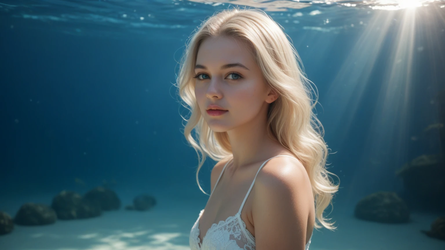 Blonde girl in a white dress swimming in the sea
