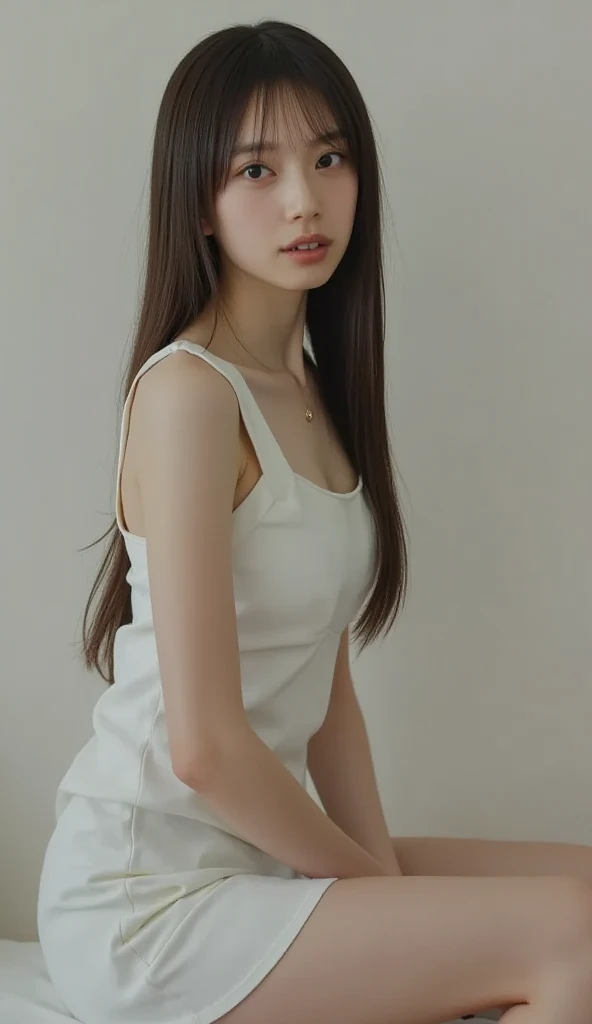 realistic, High resolution, 1 female, glowing skin, alone, wide lips,long hair, wavy hair,hip up,saggy breasts,small face,white hair,Color Contacts,Tank top,Sweat pants,white sneakers,whole body,white background,Sit down