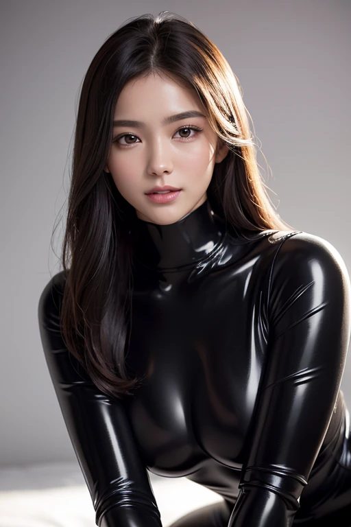 (Raw photo:1.2)、Highest quality、Beautiful detailed girl、Tight bodysuit、Latex bodysuit, Laughter、Highly detailed eyes and face、Beautiful and fine details、Large file size、High resolution、High resolution、8k wallpaper details、Highly detailed Ticker uniform 8K wallpaper、Light on the face、Cinema Lighting、18-year-old girl、Sexy pose、(Photorealism:1.4)、Awareness-raising、Surrealism、 From below、Super Detail、masterpiece