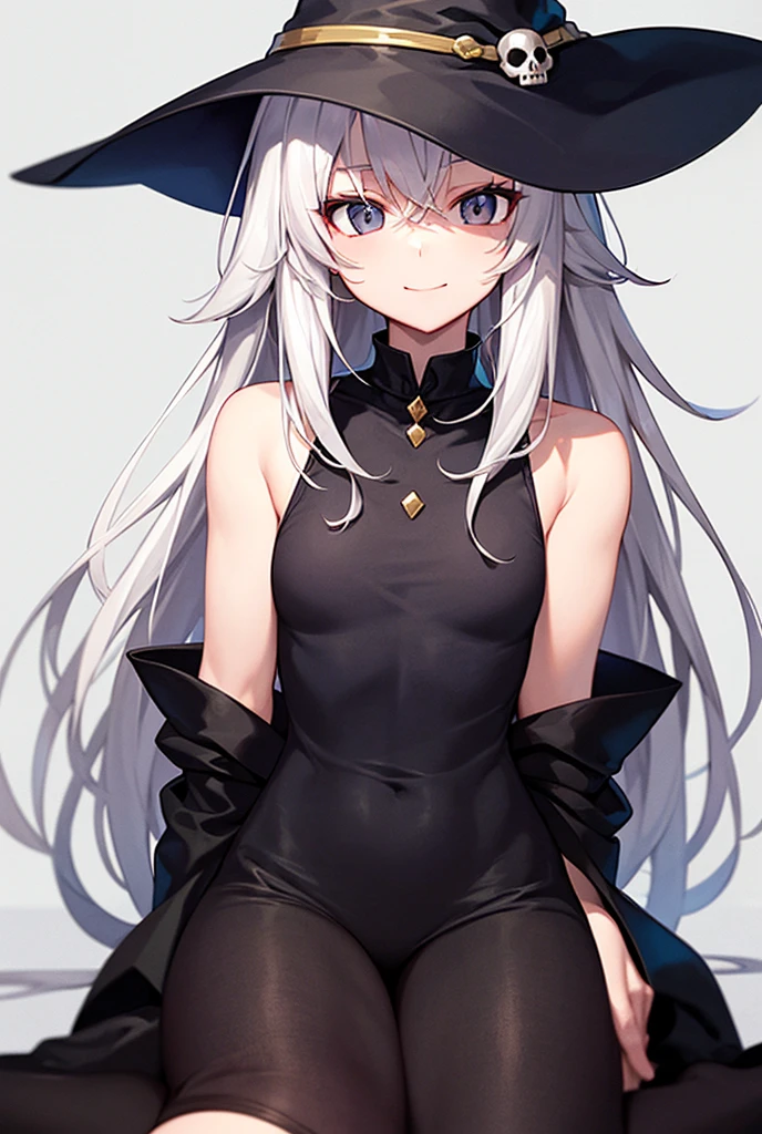 slender, mature female, pantyhose, hat, 1girl, breasts, long_hair, smile, looking_at_viewer, black_footwear, solo, sidelocks, cleavage, hair_between_eyes, boots, bangs, detached_sleeves, witch_hat, bare_shoulders, medium_breasts, black_legwear, bow, thighband_pantyhose, very_long_hair, gloves, one_side_up, blush, holding, strapless, alternate_costume, leotard, long_sleeves, detached_collar, eyebrows_visible_through_hair, black_leotard, candy, green_eyes, dress, grey_hair, lying, ribbon, high_heels, ankle_boots, hair_ornament, bowtie, large_breasts, black_gloves, high_heel_boots, hands_up, black_headwear, sitting, closed_mouth, brown_legwear, brown_hair, light_particles, black_dress, hat_bow, ass, skindentation, neck_ribbon, elbow_gloves, black_neckwear, black_bow, yellow_eyes, belt, collarbone,