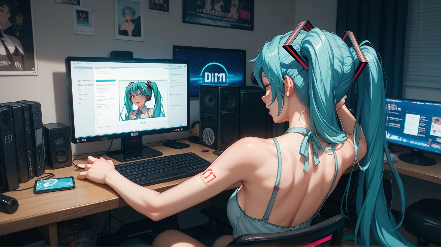 highest quality, Best image quality, girl, 20 years old, medium bust, plump breasts, sparkling amber eyes, aqua eyes, eye reflection, long upper lashes, (((rainbow hair))), long messy hair, Wavy, Top ponytail, ((Black  sexy strapless short tube top)), leather jacket, (white denim hot pants), ((Black thigh socks)), Smile, glowing headphones, Diamond earrings, wristband, necklace, ring, ((squat on the chair)), in front of a computer, Playing video games, Leaning forward, Open one shoulder, elated, mouth biting bread, Look at the computer, light blush, beautiful art, background((Hacker Room, Server room, neon lights, braces, notebook)), flight, Debris flying, writing border depth, Movie, visual art, Perfect art, real, Verism, anime style, glowing light, cinematic lighting, chiaroscuro, ray tracing, 8K, masterpiece, super textured skin, super detail face, perfect face, Super fine facial details, beautiful and delicate eyes, perfect eyes, correct limbs, correct figner, super detail figner, best hair quality, best clothing quality, best prop quality
