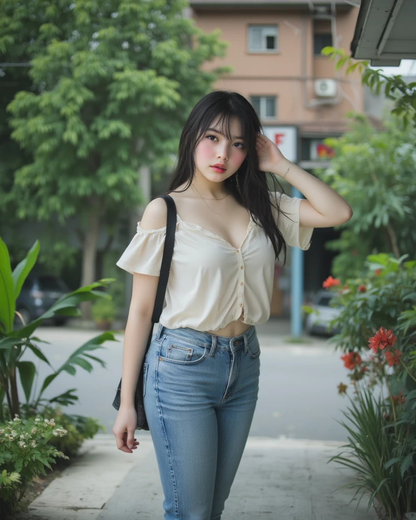 score_9,score_8_up,score_7_up,
(full_body_shot),front_view,look_at_viewer,unruly,Arrogant,disdainfully,(hands_in_trouser_pockets),jeans,black_tied_lowcut_tank_top,
1girl,standing,posing,long_grey_straight_hair,supermodel,pure,perfact_face,delicate_face,slender_face,delicate_eyes,full_lips,pale_skin,prefect_face,young,light_makeup,
(windy:0.8),clavicle,parted_lips,large_breasts,bursting_breasts,cleavage,long_legs,(large_Butt,wide_hips),
earrings,necklaces,outdoors,darkness,night,nolight,Coffee_shop_entrance,
cinematic_lighting,sun_light,ultra_realistic_photograph,pastel background_with_pastel_bokeh,Exquisite_details_and_textures,siena_natural_ratio,cinematic lighting, sun light, ultra realistic photograph, pastel background with pastel bokeh, Exquisite details and textures, siena natural ratio, (windy:0.5), dynamic pose, (smile:0.5), vibrant light and shadow, grainy, colored 66mm film analog photography, film, lomography, slight dreamy haze film grain effect, selfie