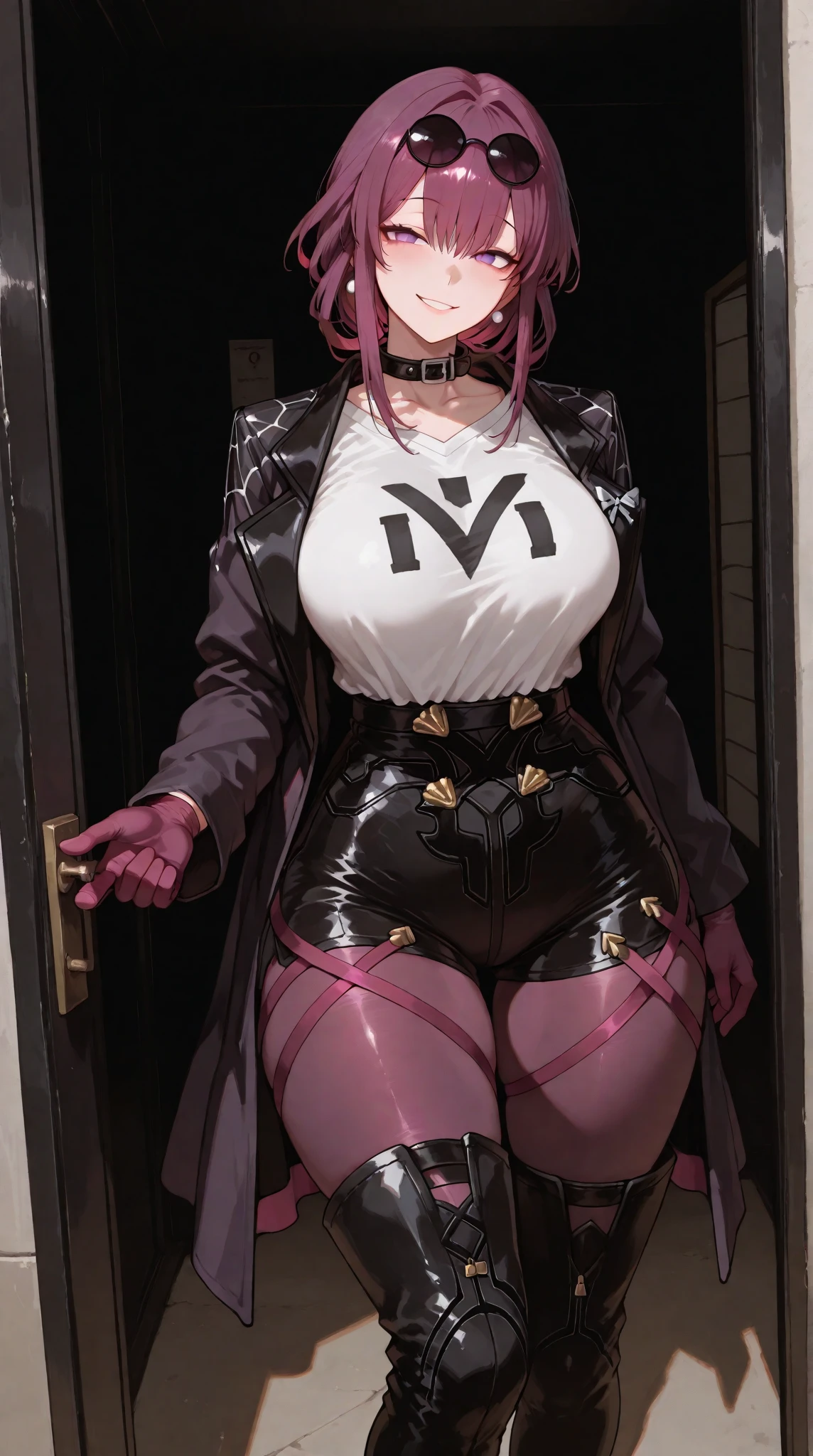 (masterpiece),(high resolution),extra limbs,missing limbs,extra digit,missing digit,fused fingers,mutanted hands and fingers,1woman,full body,(((super realistic))),pale skin,fighter,(((pink color long ponytail hair))),evil smile,(blonde color eyes),large breasts,large butocks,(pink fox ears),(pink fox 1 tail),woman,(white rimless frame glasses),((black catsuit)),(contrapposto stand),sweat,(cyberpunk background),(((Fate/Grand Order,character,Koyanskaya origin))),Tamamovich Koyanskaya(Spy Wind),evil woman,attribute(Lawful Evil Beast),draw the face accurately,((Pink anti-material rifle(Hecate)holding in both hands)),