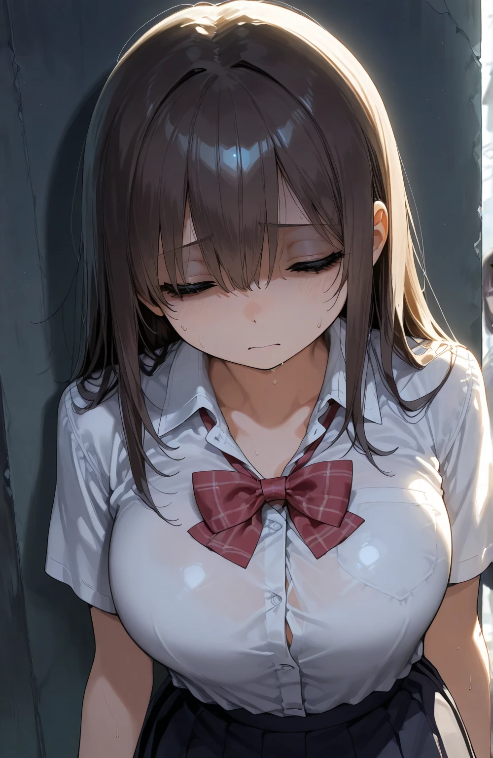((highest quality, High resolution,8K)), 1 girl, high school student, beautiful girl, ((brown hair, curly hair:0.8)), (detailed face),  (beautiful eyelashes, realistic eyes), (embarrassing, blush:1.3, ecstasy:1.5, Last:1.5, so stupid:1.4), drooling:1.2, open your mouth, empty eyes, (Are crying:1.2), ((smooth texture:0.75, realistic texture:0.65)), medium breasts, perfect body, (cum in pussy:1.3, how the face:1.3),school uniform, Liar:1.2, Wet:0.8, Sweat:1.2, vapor:0.4, on the floor