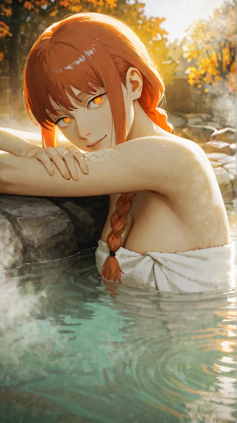 (masterpiece), (best quality),makima \(chainsaw man\),red hair,golden eyes,glowing eyes in the dark,armpit pose,bathtub,sleep in bathtub,cover breast with hand