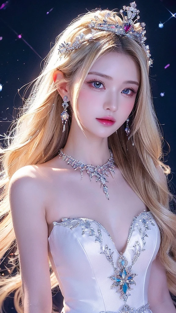 1 girl,Long flowing hair,white dress,With necklace,extremely delicate and beautiful,exquisite eyes,There is light on the face,Exquisite details,wear earrings,CG,Breaking through the sky,illustration,sexy pose,Chinese comics,Finger details are exquisite,beautiful,8k wallpaper,White skin,goddess,edge lighting,Dual color lighting,high quality,depth of field,high resolution,Fingers are super delicate,beautiful eyes and face,bright pupils,whole body(whole body角度,Above the crotch),Tempting,enchanting,best quality,masterpiece,high resolution,looking at the audience,Smile,lips,beautiful脸蛋