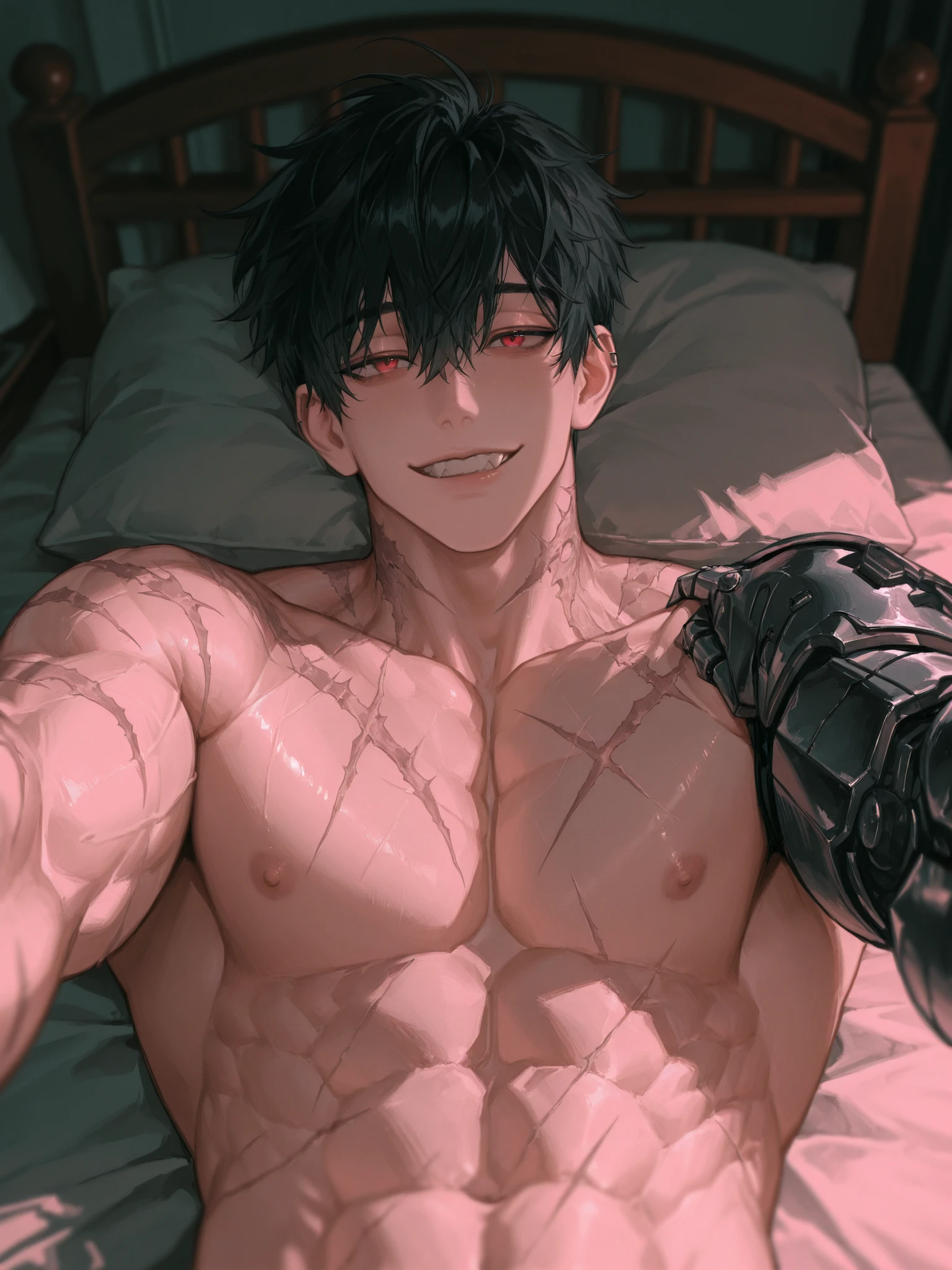 1male , black hair , handsome, seductive , sexy ,piercing crimson eyes, deep scar across his left eyes, Small canine teeth , He has a sleek black metal prosthetic arm with intricate design, shirtless, pectoral muscles , muscular, POV from below, bedroom , , looking straight into the viewer’s eyes , a seductive stare into the viewer’s eyes, a character looming over the viewer .short hair , lie on the bed , lie down on the bed , lying on your back on the bed , seductive smile , solo , inviting hug pose , reaching out for a hug , open arms gesture,A 33-year-old male