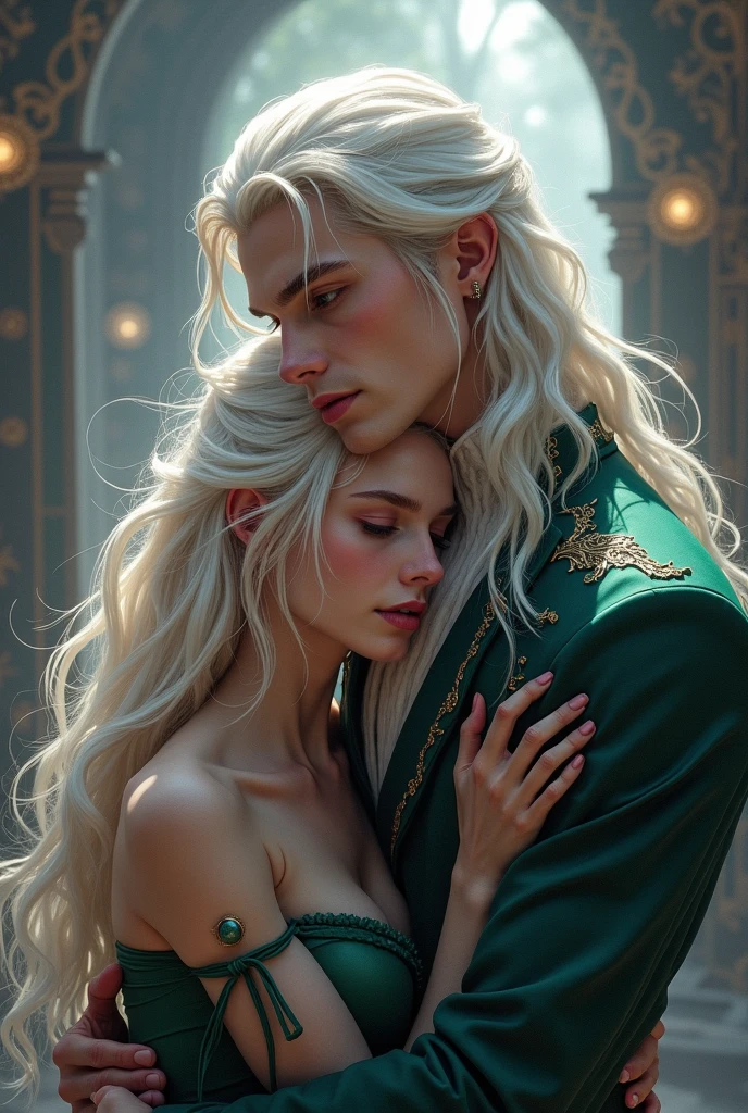 The picture shows two people. 1 men (A tall, handsome, courageous, athletic young man, long-haired, platinum blonde with blue eyes, tanned skin, he has long straight platinum hair, he is dressed in an expensive branded suit), next to him is an 1 woman (incredibly beautiful young fateful golden-haired blonde woman with blue eyes, she has a beautiful dress). They are in love with each other. Masterpiece, detailed study of the face, beautiful face, beautiful facial features, perfect image, realistic shots, detailed study of faces, full-length image, 8k, detailed image, extremely detailed illustration, a real masterpiece of the highest quality, with careful drawing.