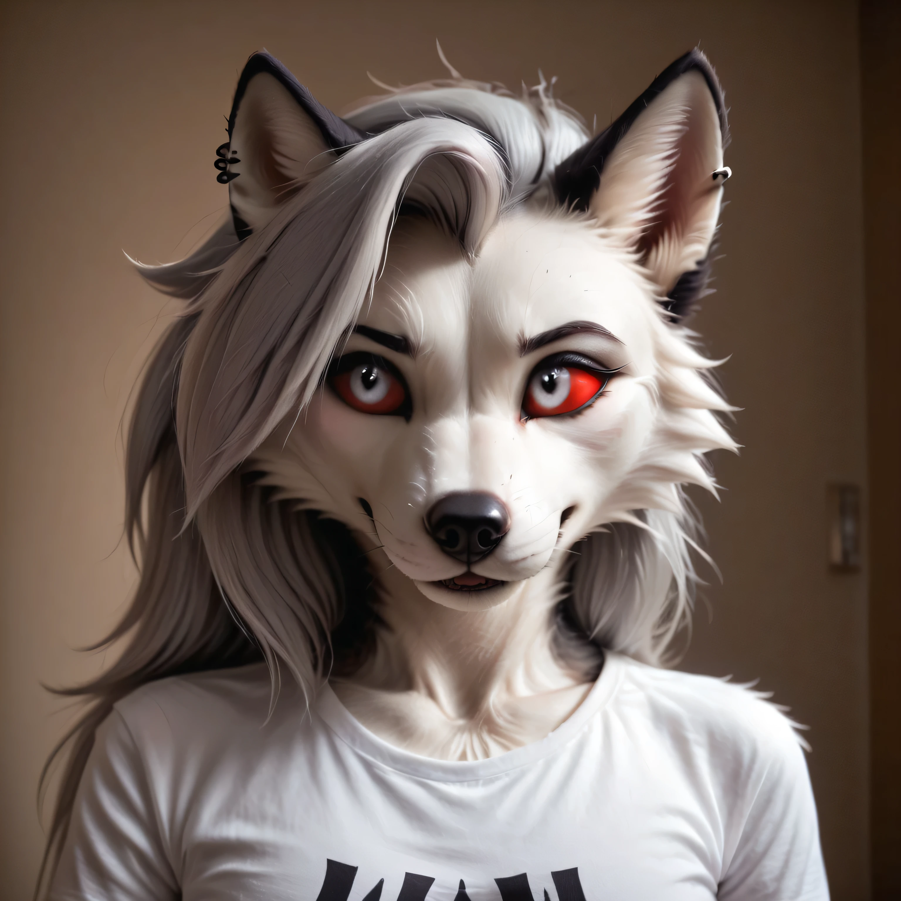 Loona, furry, secret love, tail a man, shy, (heart is beating fast:0.4), Hide in the shadows, out of frame, looking away, hotel, Body contact, beautiful detailed eyes, white eyes, red sclera, beautiful detailed face, portrait, masterpiece, best quality, intricate details, absurdres, ultra 8k quality, flat color, dark theme, Hyperrealistic, photorealistic, realistic, ultrarealistic, high definition, detailed fur, highres, super high resolution,