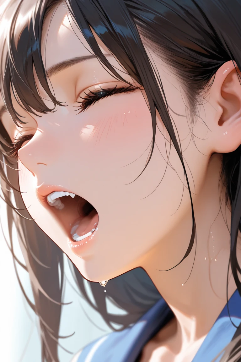 1girl, yamanaka sawako, K-On!, beautiful detailed eyes, black eyes, (tareme), (opened mouth), nsfw, curvy, Slender, (close-up mouth), Highest quality, Super detailed, masterpiece, Ultra-high resolution, 8k, Embarrassing, blush, Lovely, (With tears in her eyes and her mouth open), Sticky saliva