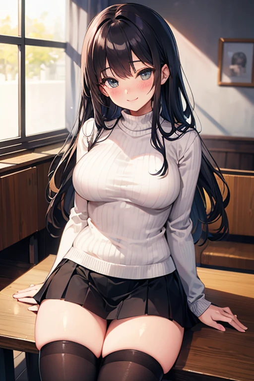 (((masterpiece, Highest quality:1.5,absurdres))),25 year old beauty,(dark blue hair),((very small head:1.2)),long hair,bangs,dark blue eyes,gorgeous eyes,blush、medium breasts,((very long body:1.2)),((toned body,slender body)),skinny,(tan skin:1.2),gleaming skin,shiny skin,sweat,((White turtleneck knitwear、Long sleeve、Underboob、navel、Beige shorts),sitting,Black sofa、Coffee shop、Tokyo、
