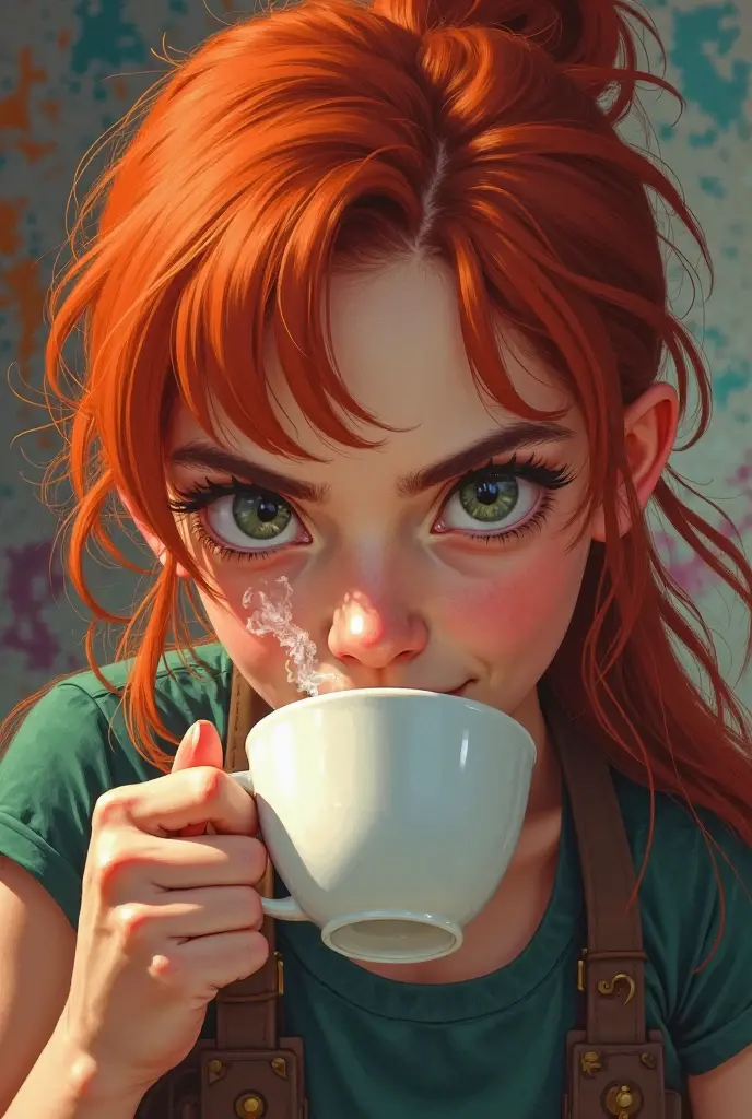 short hair, but red, green dress, crying, under a kitchen table, face splashed with semen, semen comes out of his mouth.