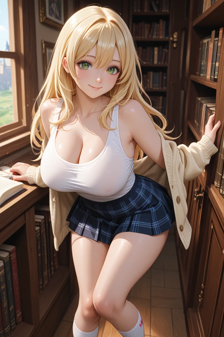 Marina Takigawa blonde anime、This porcelain doll made you fall in love with her smile and loving face, Wearing school uniform with the front open、Half naked with big breasts and beautiful long hair、sit on the floor wearing stockings、she is wearing a checked skirt and glasses.、Underwear is perfectly visible、blushing、shedding tears、sexy