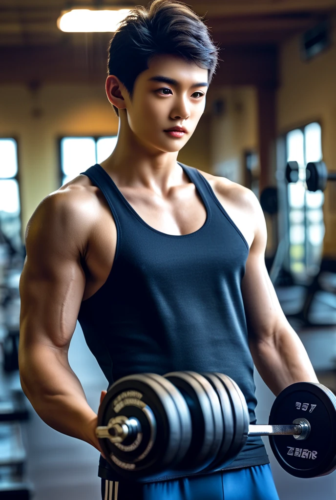 boy, y.o, tan skin, comma hair, fit body, sweatpants, gym
