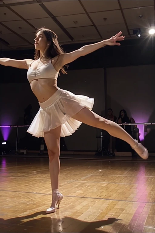 ****Frontal view, backdrop ,the most beautiful and pretty 19-year-old dancer girl in the world, her hair is golden, her eyes are clear, clear and green, her fair and clear white skin is clean without any blemishes, perfect overall proportions, wearing high heel shoes, modern open mini dancer uniform. Dancing at a dancer competition while wearing a happy smile , --auto --s2