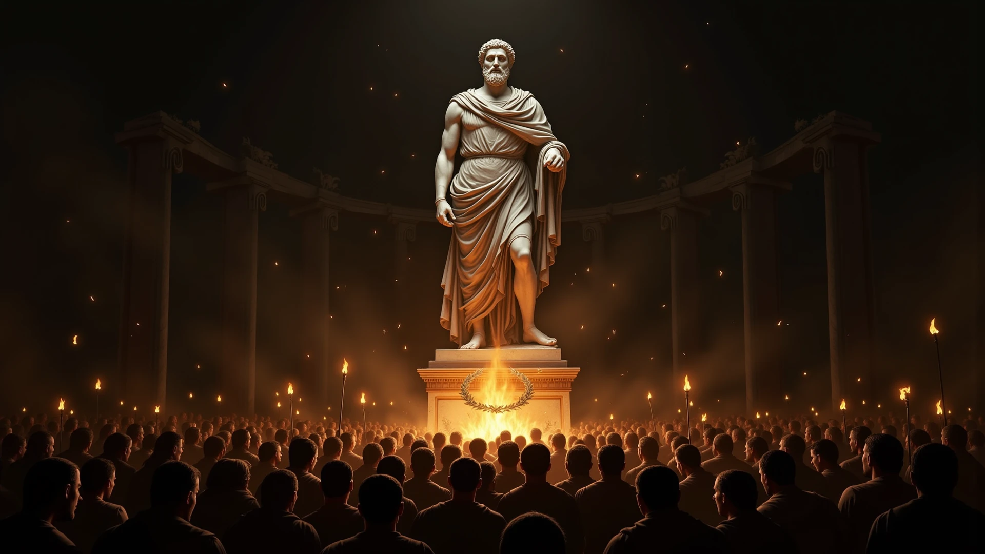 Statue of Zeus in Olympia. The statue is sitting on a throne, holding the 'Thunder Bolt' in the right hand, which is lifted upwards and a 'Spear' in the left hand which is resting on the left side of the throne. A statue of an 'Eagle' is placed, perching on Zeus's left shoulder. The entire statue is polished like a mirror, reflecting the surroundings. So many Hellenic pagans are dressed in togas, worshipping the statue inside the temple of shining white marble.