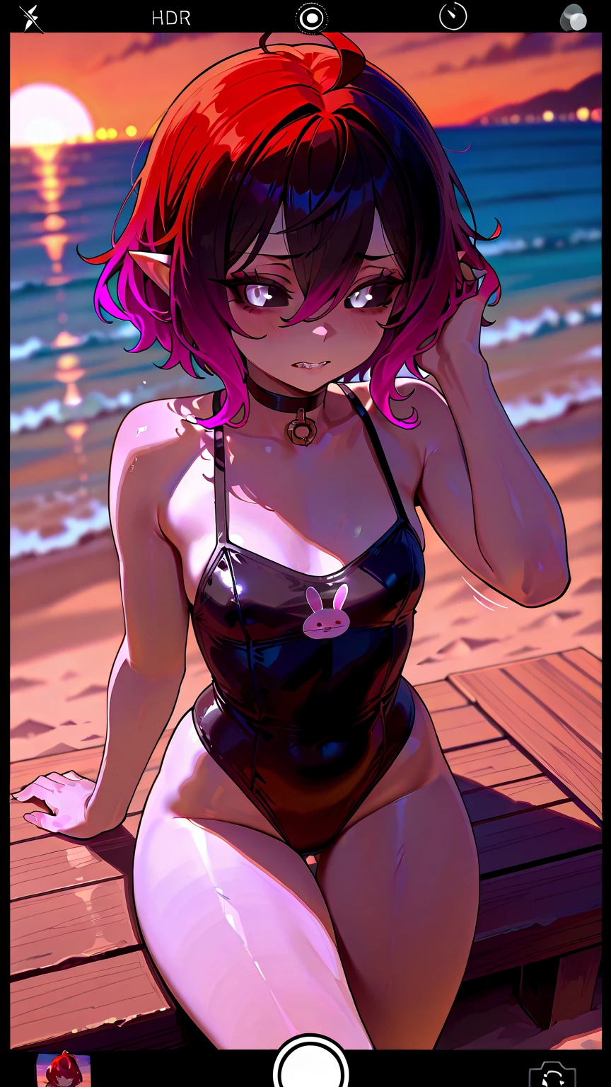 solo, uploaded the e621, detailed female anthro Rabbit, cinematic lighting, standing, smug smile, detailed anthro face, (half-closed eyes), purple Hair, purple Tail, (blue micro-bikini, Fishnet stockings, choker, wristband), (cyan eyes), looking at the viewer, (small breasts, hips), (rabbit), (beach, sunny day), (purple body, two-tone fur), extremely detailed, extremely detailed legs, extremely detailed arms, extremely detailed face, perfectly detailed eyes, perfectly detailed anatomy), perfect lighting, seductive, (cameltoe), young girl, young, slender, (view from below), ((detailed cameltoe)),