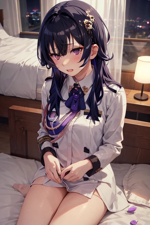 ((1 male、1 female,have sex)),the man above,lying in bed,bird&#39;s eye view)),(Ahegao, blush, Sweat, open your mouth, roll your eyes, tears, stick out tongue,)(parted lips),(I feel weak when I close my eyes),(table top, highest quality:1.2), 
Haguro \(KanColle\), short hair, black hair, brown eyes, hair ornaments,
uniform, purple jacket, black tie, white gloves, Black belt, black skirt, mini skirt, pencil skirt, white pantyhose,
indoors,
