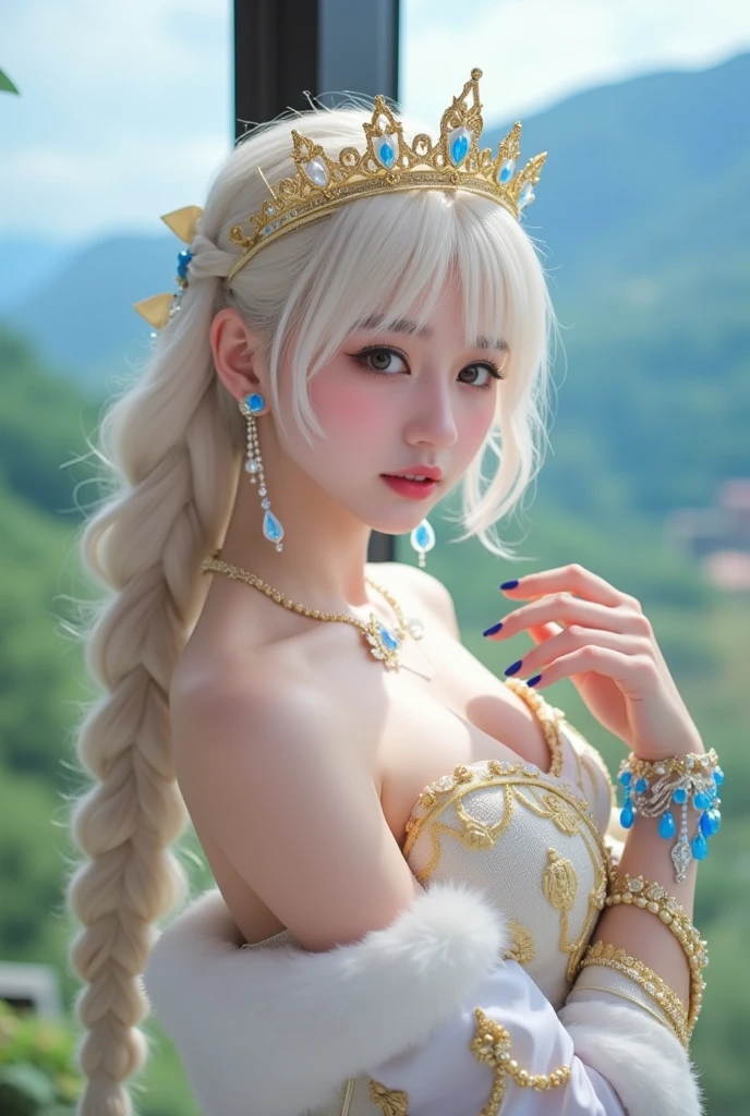 (heavy breasts)、top-quality、masterpiece、超A high resolution、(Silver Dragon Armor)、(((Colossal tits))),dragon armor、(((large floral ornament on the head))),(((Detailed Micro Bikini))),(Wearing a beautiful crown made of jewels),(Photorealsitic:1.4)、Raw photo、女の子1人、(((Random hair))、(((Take different poses)))、glowy skin、(((White Chinese Dragon)))、Intricate and ornate hair ornaments、(Gorgeous Jewelry Necklaces)、(Mystical expression)、(Full Body Angle)、(Fight big dragons)、(Metal bikini)、((beautiful lake background)),(beautiful forest background)、Precipitous cliffs、(Castle background)、((super realistic details))、portlate、globalillumination、(sexypose)、Shadow、octan render、8K、ultrasharp、Colossal tits、Raw skin is exposed in cleavage、metals、Details of complex ornaments、Japan details、highly intricate detail、Blue eyes、radiant eyes、Facing the camera、Toostock、(Full Body Angle)、(veils)、(((Heavy Big))),((she is wearing a beautiful jeweled bangle.)),