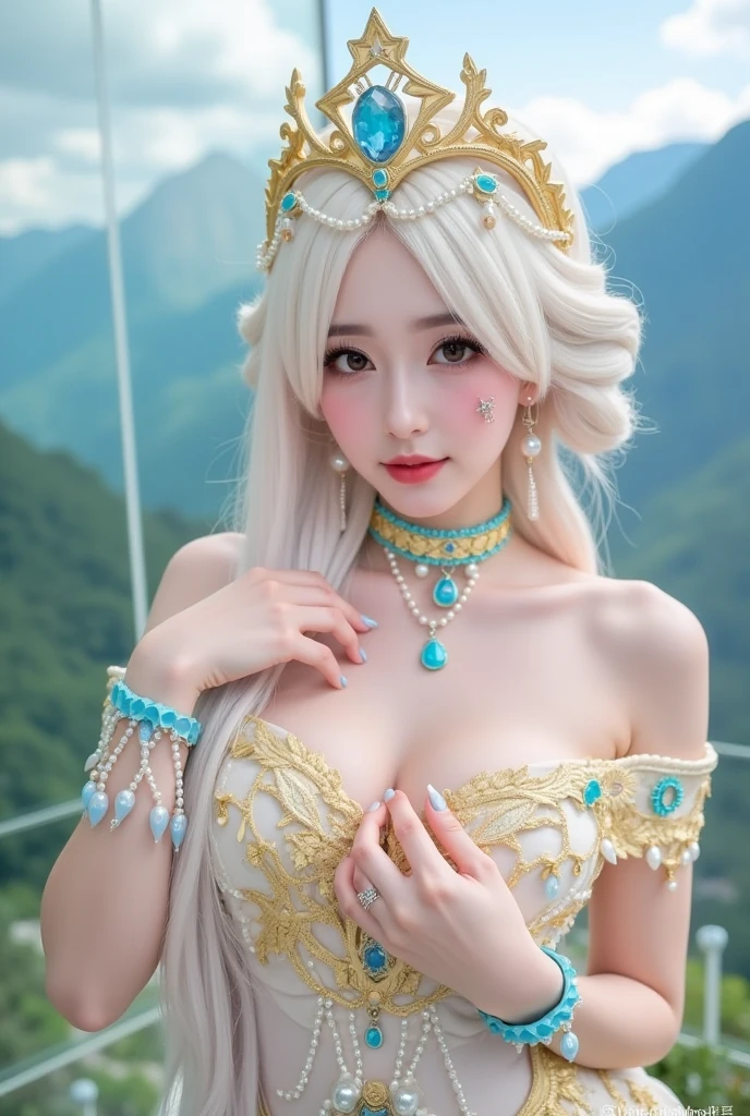 (intense chest expression),top-quality、masterpiece、超A high resolution、(Gold Dragon Armor)、(((Colossal tits)))、(((large floral ornament on the head))),(((Detailed Micro Bikini))),(Wearing a beautiful crown made of jewels),(Photorealsitic:1.4)、Raw photo、女の子1人、(((Random hair))、(((Take different poses)))、glowy skin、(((White Chinese Dragon)))、Intricate and ornate hair ornaments、(Looks like a gorgeous jewelry necklace)、(Full Body Angle)、(fight big dragonet bikini)、((Beautiful sea background)),Precipitous cliffs、(Castle background)、((super realistic details))、portlate、globalillumination、(sexypose)、Shadow、octan render、8K、ultrasharp、Colossal 、Raw skin exposed in the cleavage、metals、Details of complex ornaments、Japan details、highly intricate detail、Blue eyes、Eyes shining towards the camera、Toostock、(Full Body Angle)、(veils)、(((Heavy Big))),((she is wearing a beautiful jeweled bangle.)),Beautiful hip line、