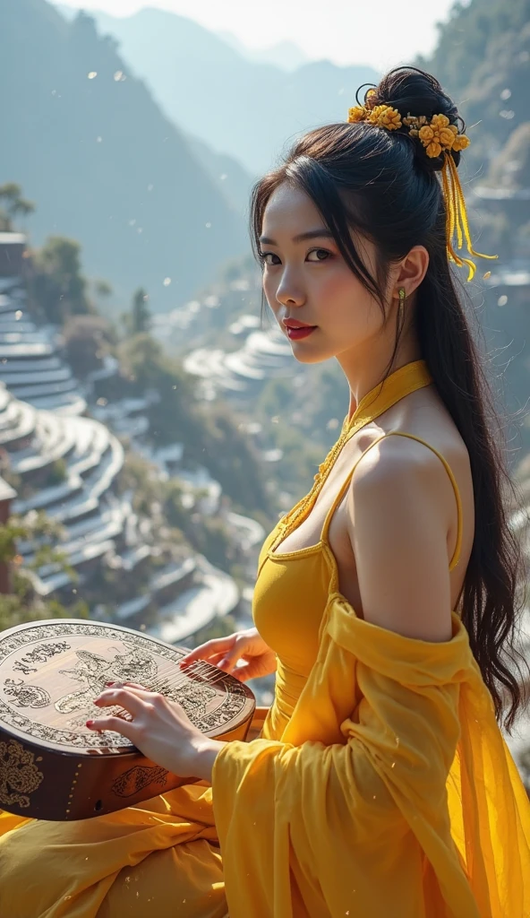 sexy beautiful woman in a corset, Ancient Chinese scenery, mountains, rivers, auspicious clouds, sunshine, masterpieces, super detail, epic composition, ultra HD, high quality, extremely detailed, official art, unified 8k wallpaper, Super detail, 32k -- v 6