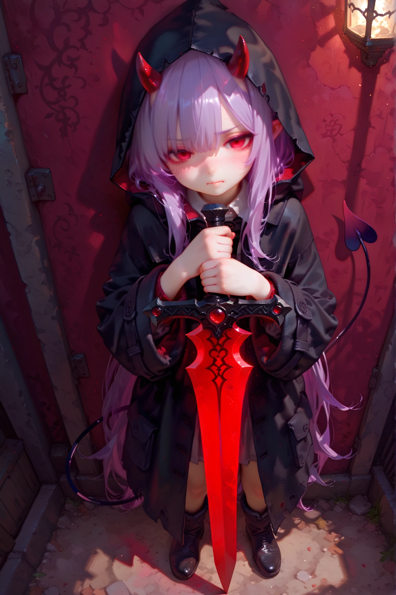 masterpiece, best quality, Detailed Eyes, girl, fantasy, very long purple hair, red eye, tiny and black horn, cute, cutie face, semi realistic, 8k, black hood coat, small demon tail, emotionless, looking at viewer, fantasy, slum background, midnight background, solo charactor, empty eye, frustrated, dusty, lean against the wall, holding shadow sword