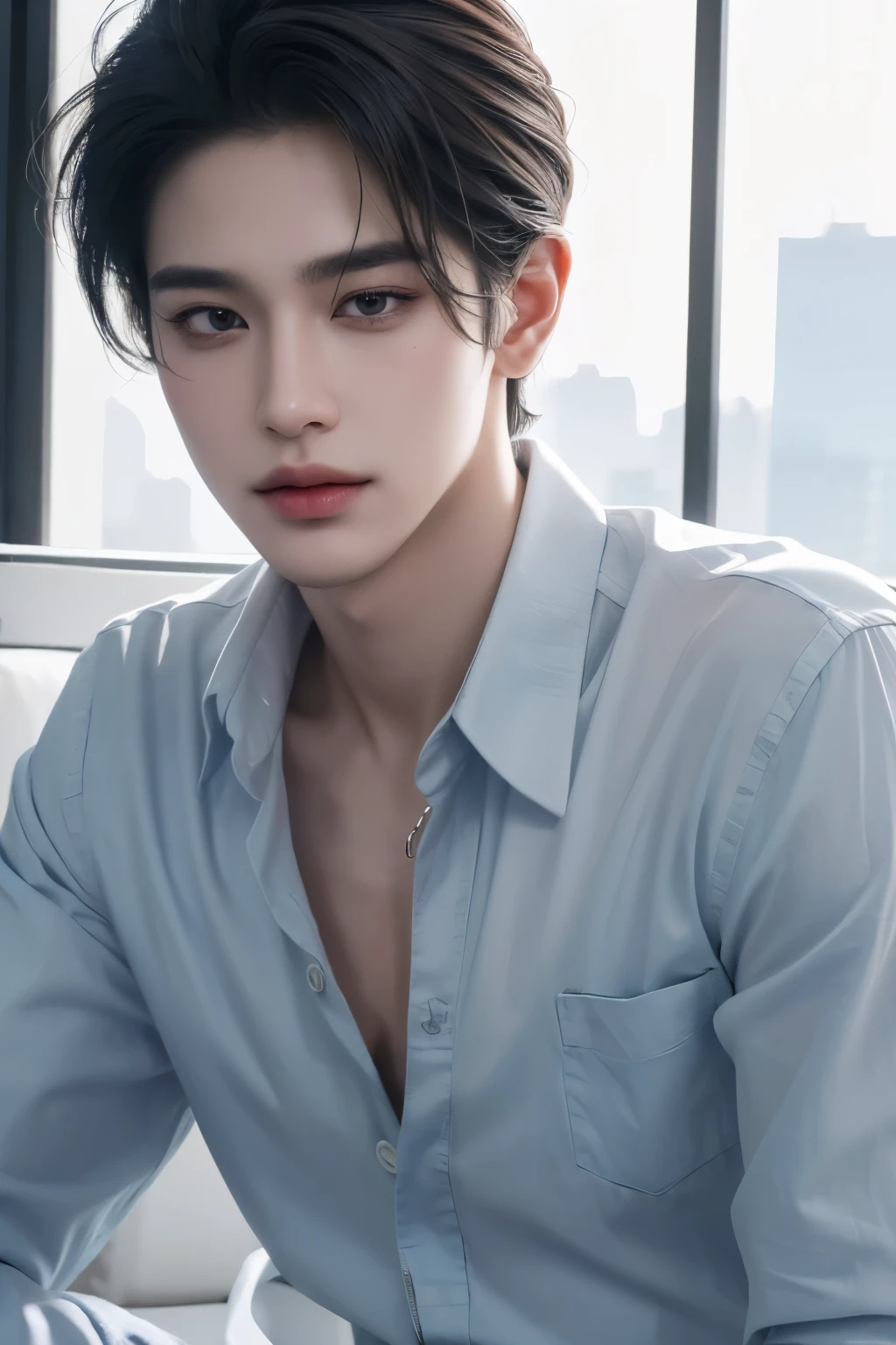 ((highest quality, 8K, masterpiece: 1.3)), a young boy, outdoor background、(Handsome boy in modern fashion:1.5), 20-year-old、Delinquent boy、 well-groomed face, blue hair color、thin face、（white skin:1.5）、whole body、black eyes、boy with makeup、Super handsome、sexy eyes, handsome nose, sharp eyes, High resolution, detailed mouth, smile:1.4, whole body: 1.5, perfect body shape、super slim，medium middle hair、STUSSY clothes、silver accessories、Oversized clothes,