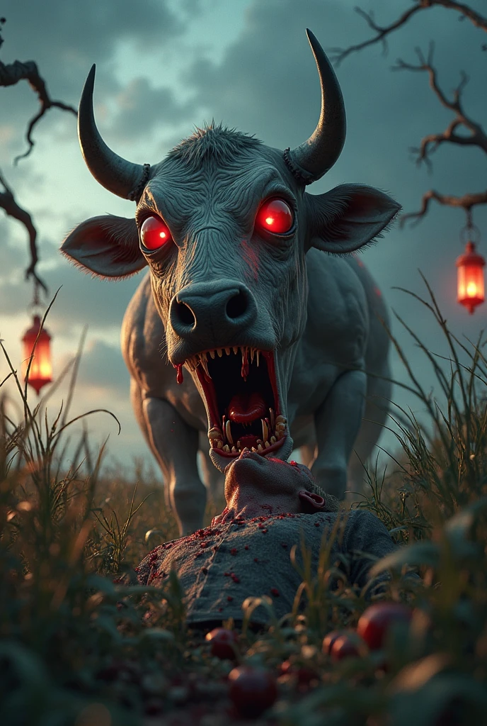 Dead cow with cut tongue and red eyes