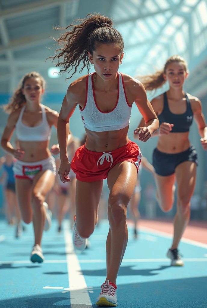 a runner girl sprinting towards the finish line, detailed athletic figure, muscular lean body, focused expression, sweat beading on skin, wind blowing hair, dynamic motion blur, cinematic lighting, vibrant colors, ultrarealistic, 8k, hyper detailed, photorealistic, cinematic composition, dramatic shadows, volumetric lighting, stunning lighting, dynamic pose, action scene, sports, running, (extremely beautiful face, beautiful lips, beautiful eyes), intricate detail face, ((ultra detailed skin)), ((1girl:1.9)), ((alone:1.9)), ((19years old)), (big smile;1.4), (beautiful and aesthetic:1.2), deep shadow, (sharp focus), [(((Raiana-Elizabeth-Dilla:1.9)))], pretty girl, (((sport-style fashion:1.9))), (((stylish ((red:1.5)) clothes))), (shiny skin), clear eyes, (pale skin), ((whole-body-view:1.9)), ((full-body:1.9, cinematic shot)), (flowing dark-black hair), (looking at viewer:1.8), ((beautiful legs:1.2)), highly detailed, ultra realistic, extremely detailed and realistic ((red:1.5)) clothes.