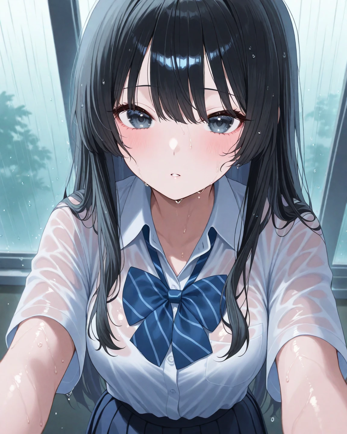 looking ahead,from above,slouch,handjob,side view,face focus,open mouth,tongue out,cum on tongue,Licking a white dildo,(1girl,Beautiful 14 year old girl),((Slender,Small breasts,Baby Face,Small face,)),looking at viewer,Black Hair,bangs,two side up,Gray Eyes,Drooping eyes,slit pupils,narrow eyes,,Short sleeve shirt,Grey checked tie,Grey checked mini skirt,Navy blue socks,Beautiful and detailed anime art,Mischievous smile,Dimly lit room,Simple Background,Gray background,Low lighting
