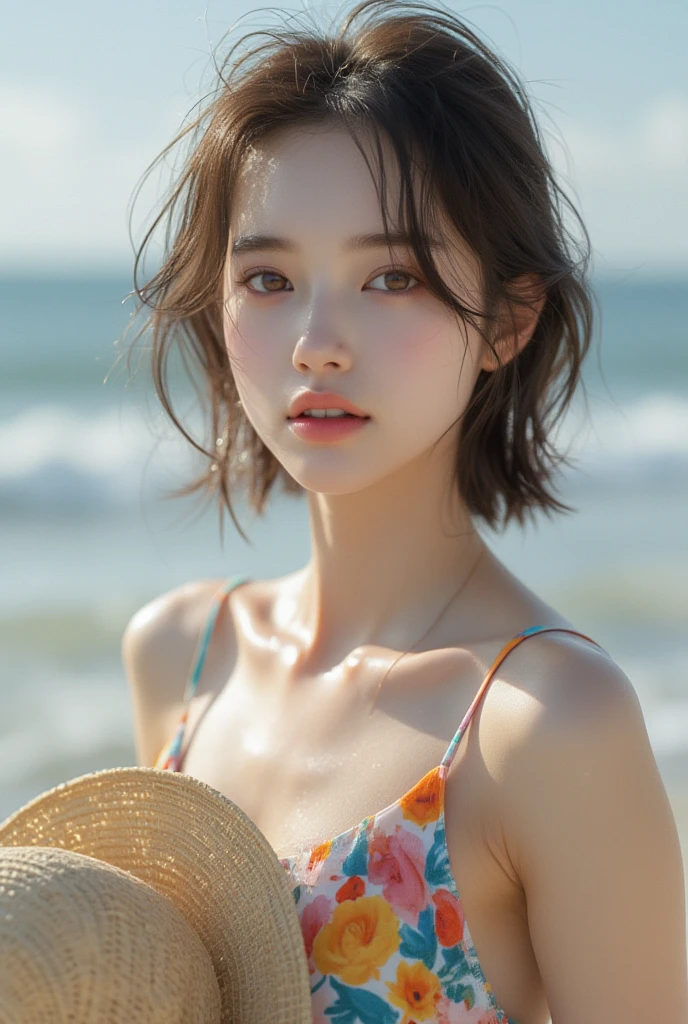 ((((masterpiece, best quality, high resolution)))), Extremely detailed 8K, Beautiful girl with voluptuous body, (Ultra HD, Ultra-detailed, Highly detailed, Highly realistic, Ultra-realistic, photograph realistic), (1girl:1.5), (Realistic white hair), short wavy hair, bob cut, (dynamic poses), facing at camera, light smile, purple eyes, average breasts, cleavage, blush, (beautiful detailed face, beautiful detailed eyes), ((Colorful lace bikini swimsuit)), glow, (beach, sunbeam, sunlight)