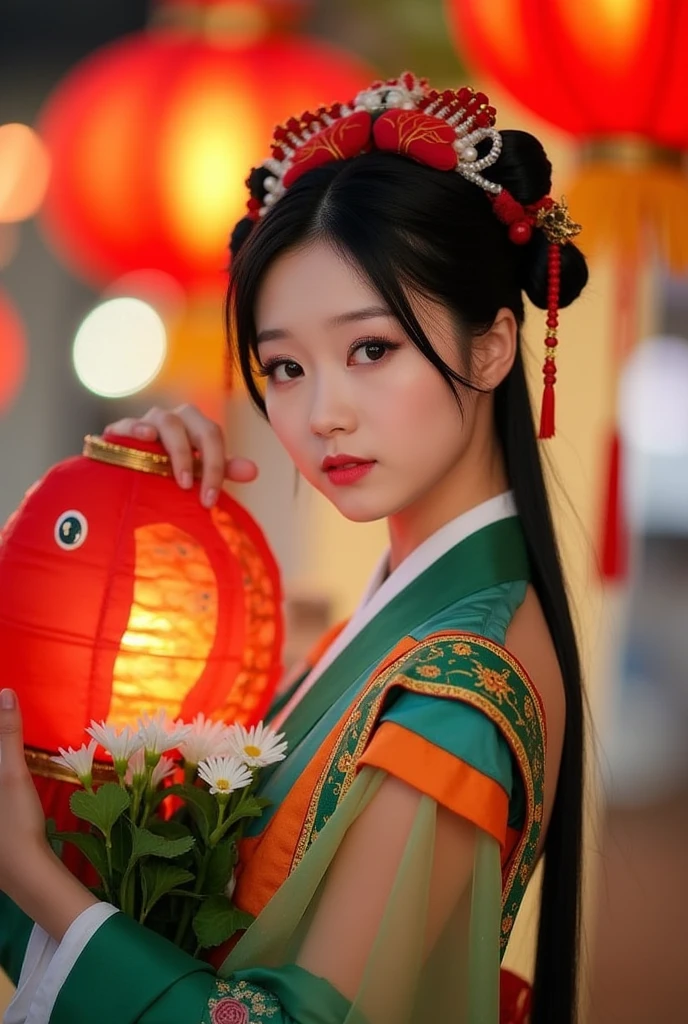 1 young woman aged 30 years, Beautiful, long, flowing hair,Wear silver and gold jewelry.,Face with heavy makeup, clearly enhance beauty, Big, bouncy breasts, Looking at the camera with sexy eyes, In a dark red, dark blue dress., Standing, walking, different actions, In a flower garden,There is a Chinese style hut., Chinese woman, traditional chinese clothing Taken with a high quality camera 45,000,000,000 pixels 16k,,