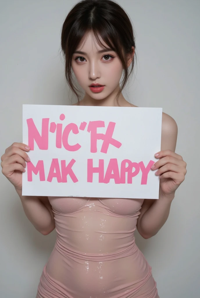 (superflat, flat shading, flat colors), masterpiece, best quality, magazine cover, samsung ad for handphone, , text, ,nude, half body, wet body, small pussy, slim legs, collabrone, bare shoulders, small breast, realistic body, seductive smile, sexy bikini, flashing tits, hair clip, exact anatomy
