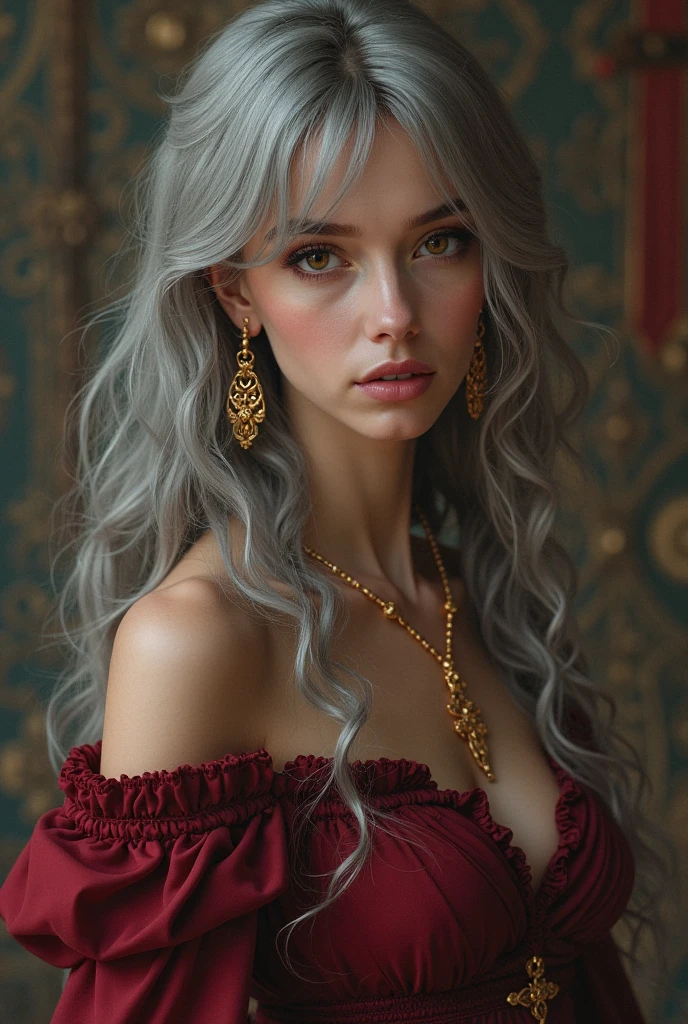 photo of woman, brown eyes, earrings, white hair, jewelry, nice long hair, looking at viewer, solo, upper body, 8k, high quality, intricate skin surface, hdr, soft lighting