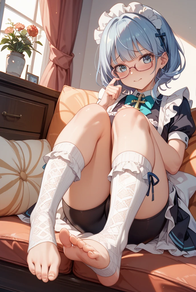1 adult anime girl, hair color - white, hairstyle - bob, elven ears, stern eyes, eye color - red, glasses, embarrassed look, closed full mouth, face covered in sperm, bare breasts, T-shirt raised, white T-shirt, bulging breasts, miniskirt lifted, panties visible, tight panties, protruding vagina, stockings, high black heels, rich colors, studio light, natural light, lots of detail, high quality image, detailed eyes, random pose