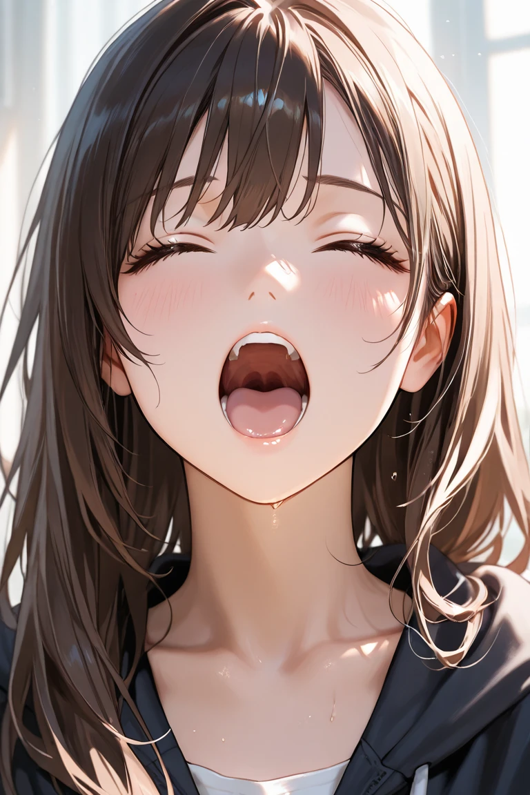 (1girl, tachibana himeko, K-On!), beautiful detailed eyes, black eyes, (opened big mouth, licking, Sticky tongue), nsfw, (close-up mouth), (curvy, Slender),(cleavage), from above, Highest quality, Super detailed, masterpiece, Ultra-high resolution, 8k, Embarrassing, blush, Lovely, (With tears in my eyes), Sticky saliva