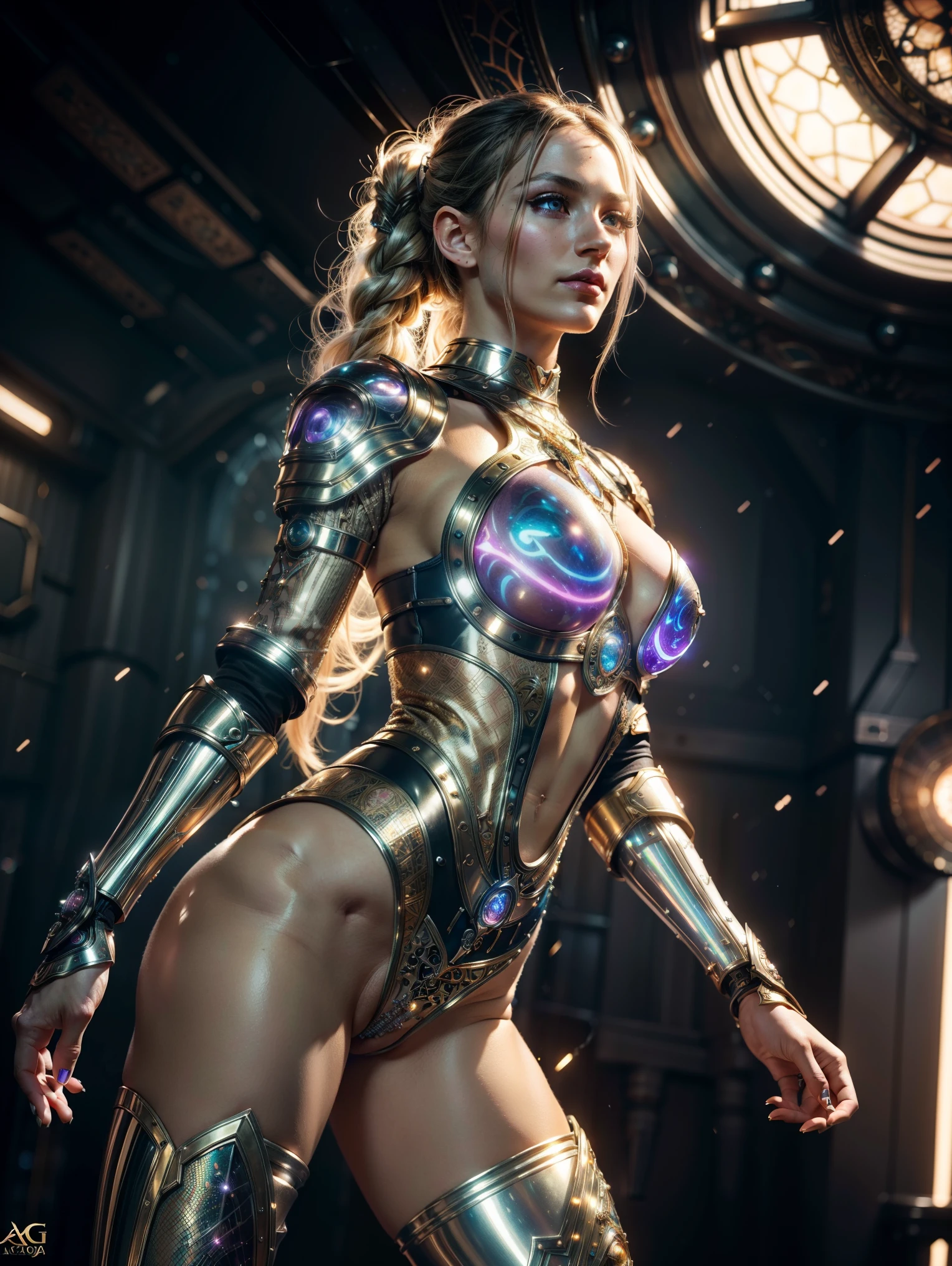 (cuerpo completo), extraterrestrial alien female similar to Lihö-Minaa princess of the people of the planet mül from Valerian and the city of a thousand planets ,vestida de traje de noche corto, engarzado con oro refulgente, priedras preciosas de colores y diamantes, (se encuentra en centro de control de estacion espacial),detalles intrincados de la maquina de alta calidad), estilo cinematografico, nitidez absoluta, imagen 8k.(obra maestra).fondos de pantalla, ultra detallado.